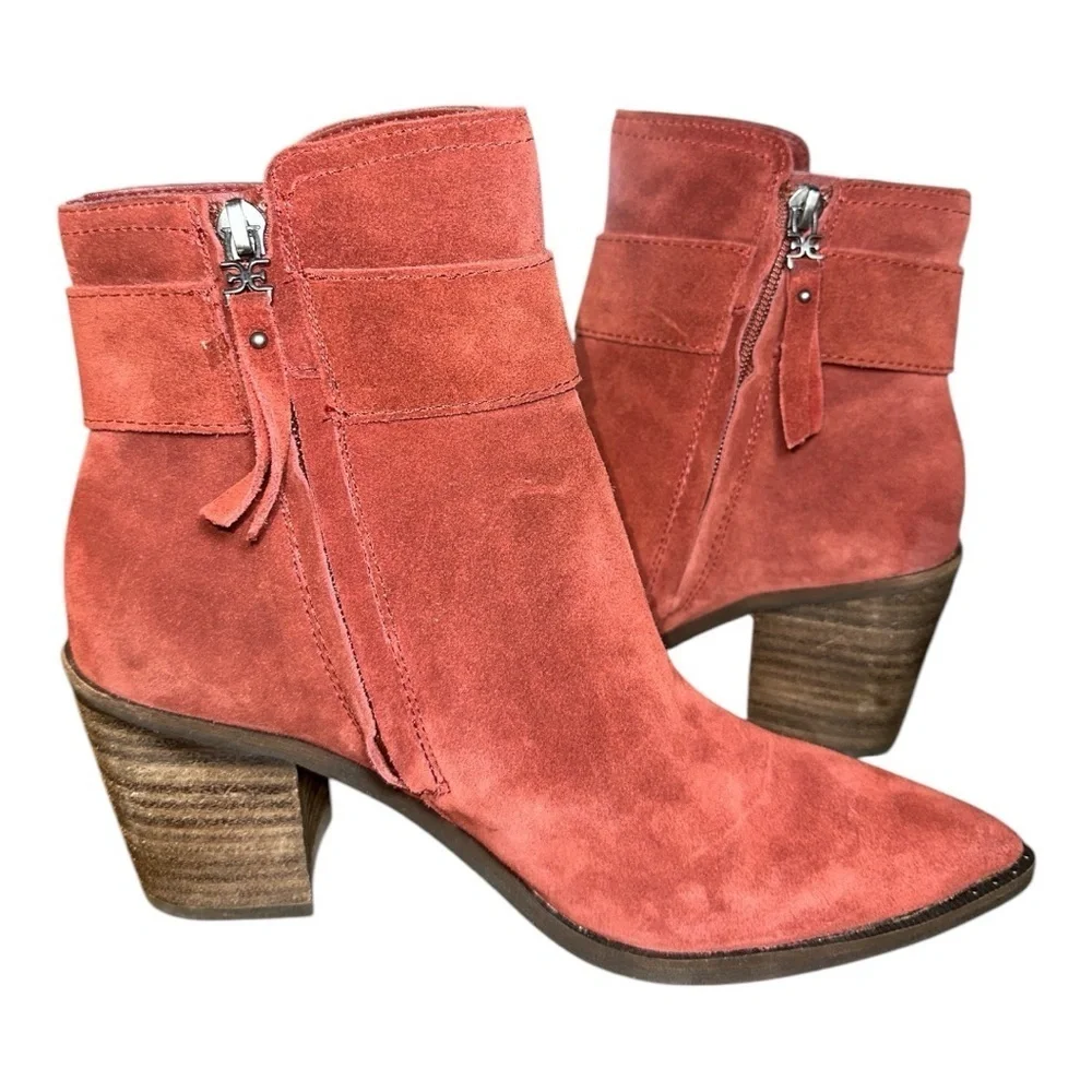 SAM EDELMAN Women's Leonia Block Heel Booties In Spiced Mahogany Suede Size 7.5